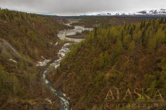 Where Hurricane Gulch runs in to Chulitna River, with the Alaska Range.